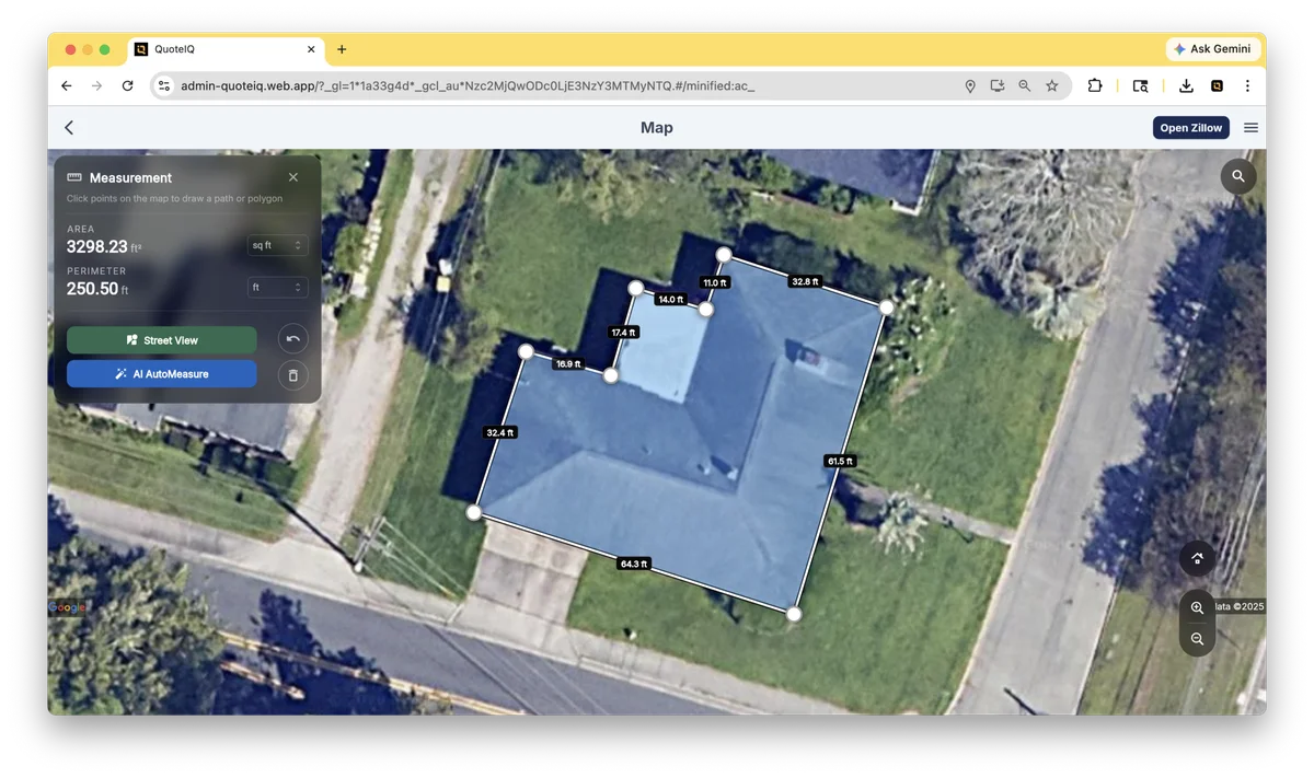 QuoteIQ MapMeasure Pro satellite property measurement — calculates square footage and linear measurements for pressure washing, lawn care, and exterior service estimates