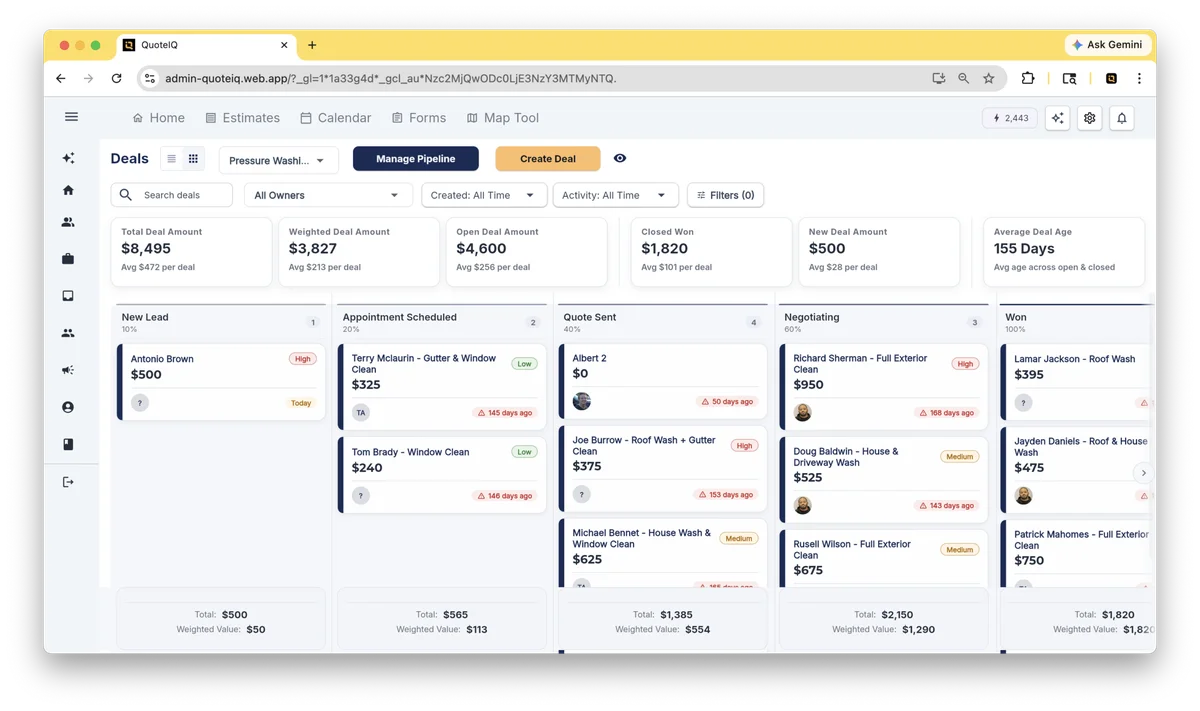 QuoteIQ Pipelines and Deals view — contractor sales pipeline with lead-stage progression, deal values, and conversion tracking