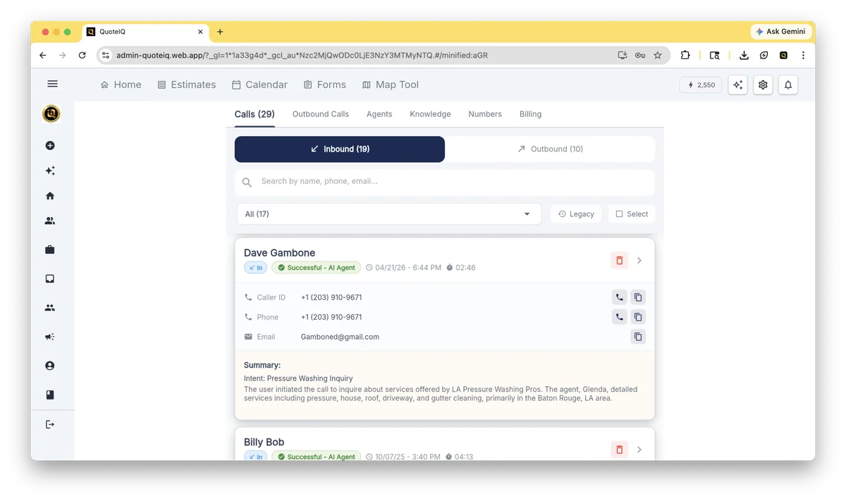 QuoteIQ Virtual Call Team dashboard — 24/7 AI receptionist that screens, qualifies, books appointments, and texts missed callers for contractors