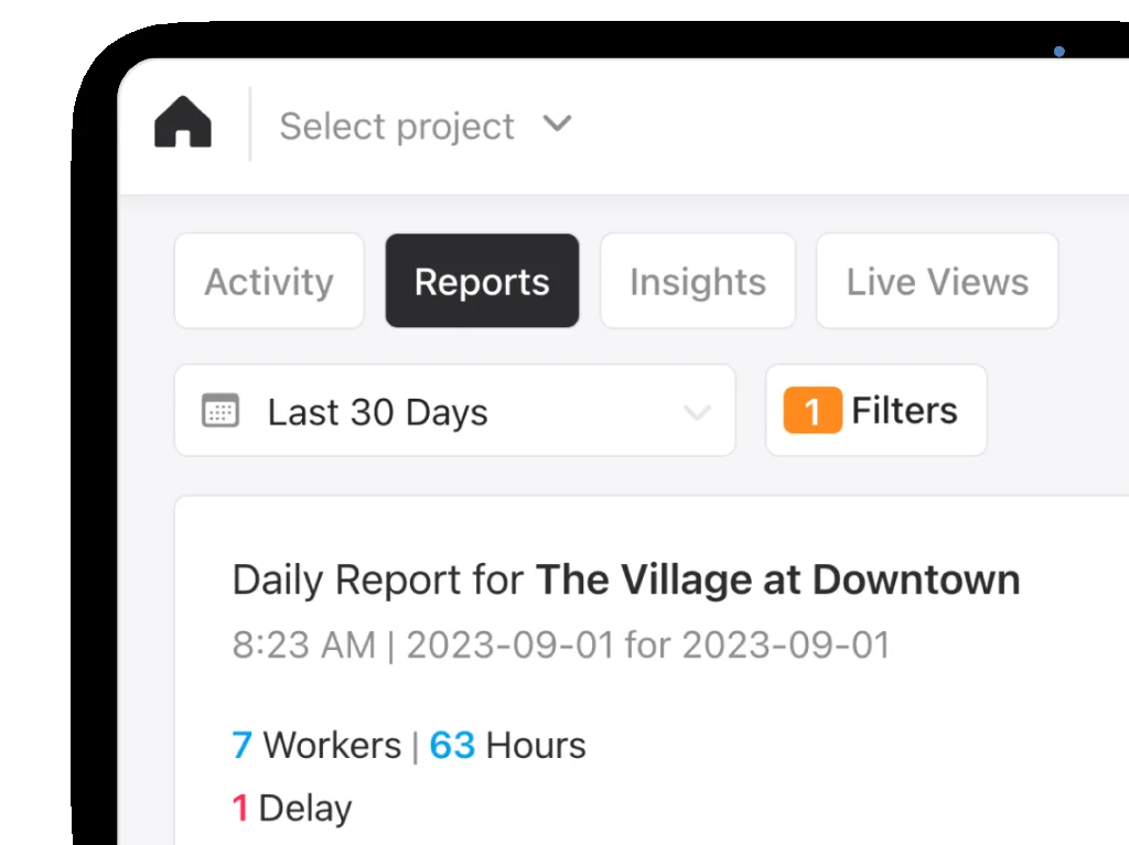 Raken desktop view showing project documentation with PDF report previews including Daily Report headers labeled with company logo branding, weather data showing 96/76 degrees, signature blocks at the bottom of each report, and a gallery of photo attachments organized by date and project phase