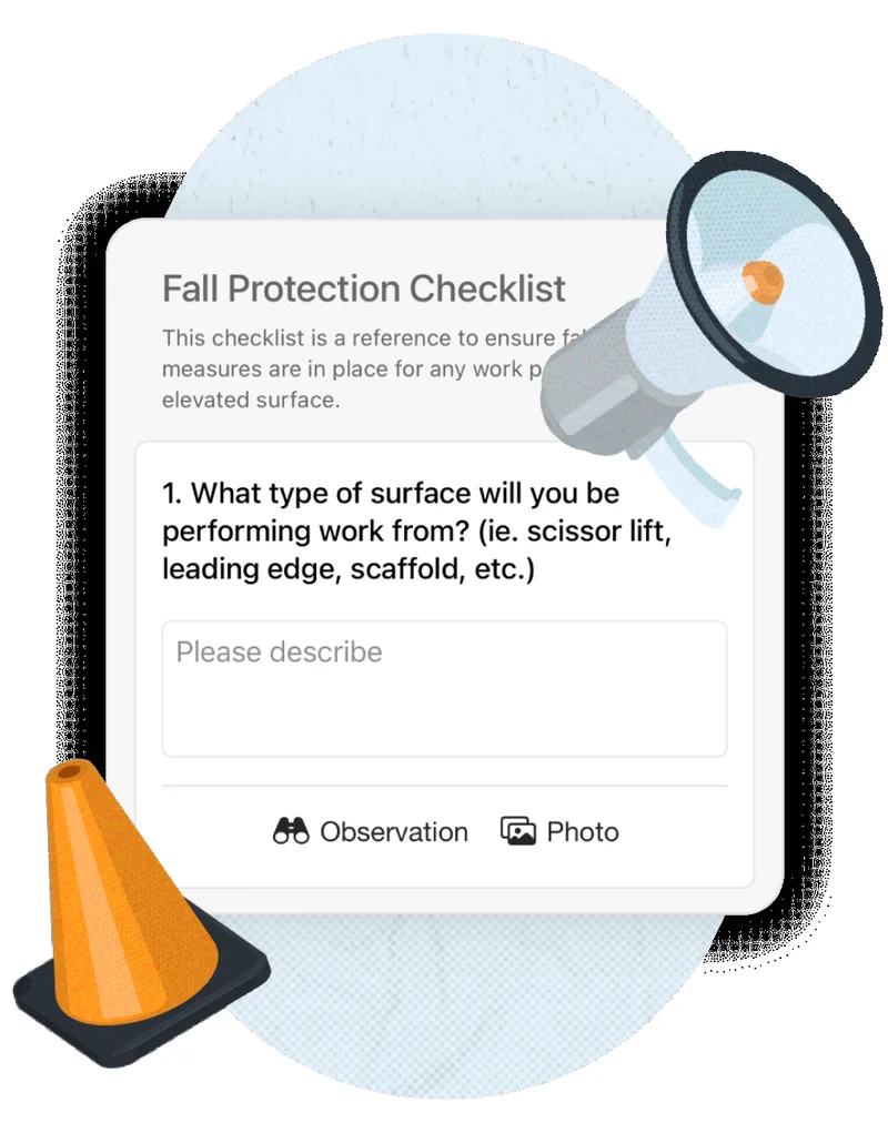 Raken mobile app screenshot showing the Safety and Quality view for a project — list of pre-built checklist templates including Daily Toolbox Talk, Pre-Task Safety Plan, Equipment Inspection, Weekly Safety Audit, plus an Observations log with categorized entries showing photo attachments, severity ratings, and assigned-to fields, with a green progress indicator showing 87% checklist completion for the day