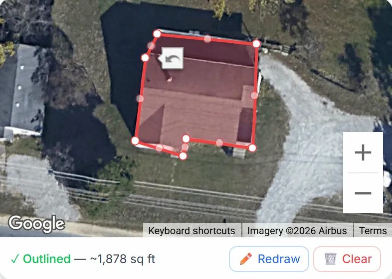 RoofD AI satellite roof outline view showing a Google Maps aerial of a residential property with the roof footprint highlighted in red, draggable polygon corners, and a footer reading Outlined approximately 1,878 square feet with Redraw and Clear controls