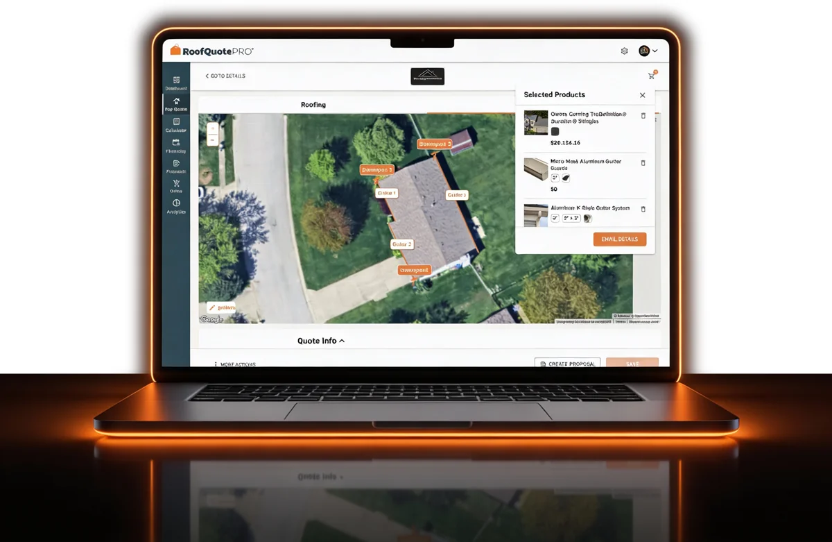 Roofle Quick Gutter Quotes v5.2 preview showing the rep-side gutter quoting interface with map drawing tool overlaid on aerial property imagery, downspout placement controls, gutter line drawing tools, and the leads dashboard with measurements organized per property