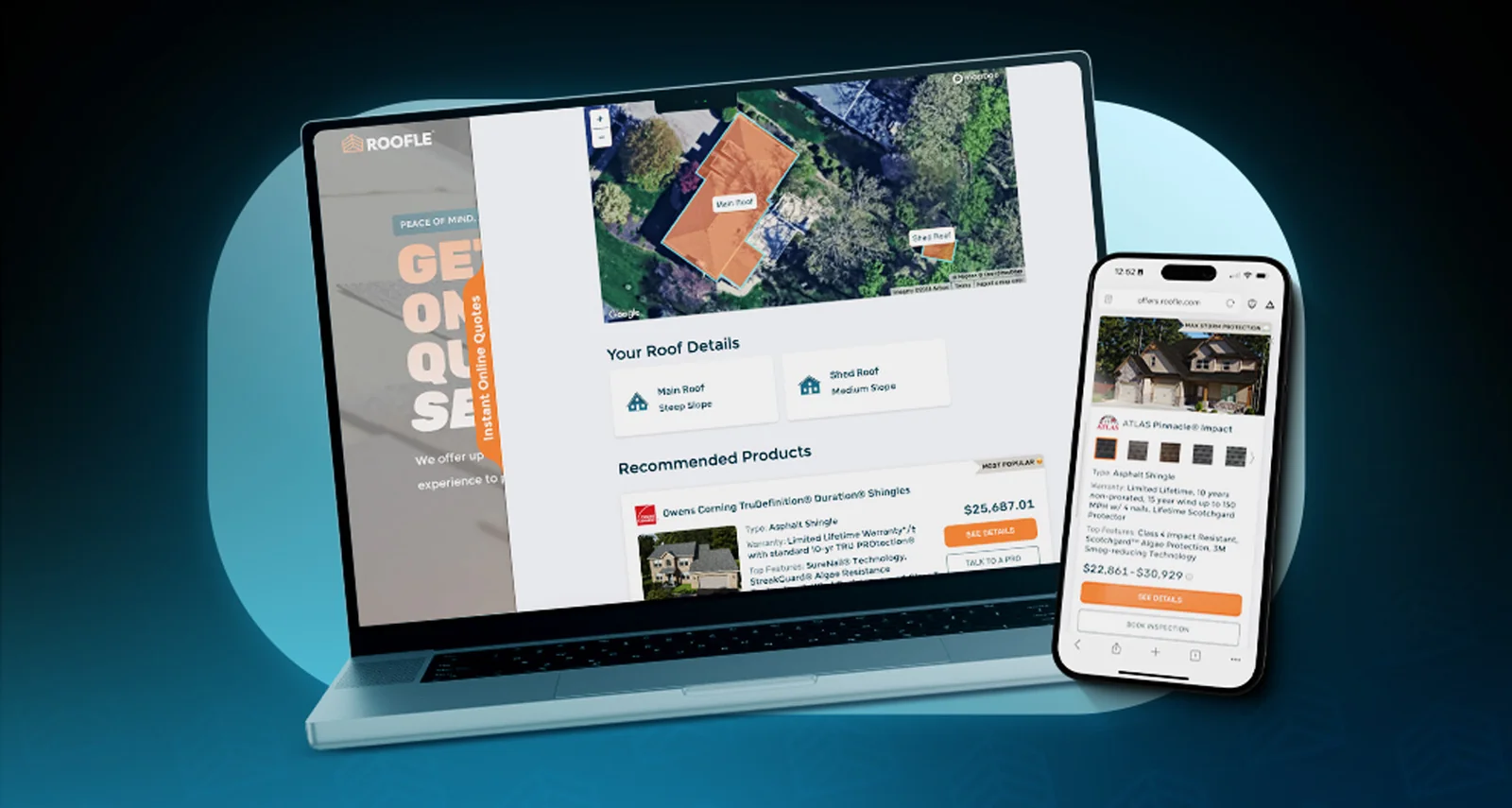 Roofle RoofQuote PRO instant homeowner quote interface shown on desktop and mobile — aerial view of a residential property with main roof and shed roof identified in orange polygons, Your Roof Details panel showing pitch and slope, Recommended Products section listing Owens Corning TruDefinition Duration shingles at $25,687.01 and Atlas Pinnacle Impact at $22,861-$30,929, See Details and Talk To A Pro CTAs, Book Inspection on the mobile view