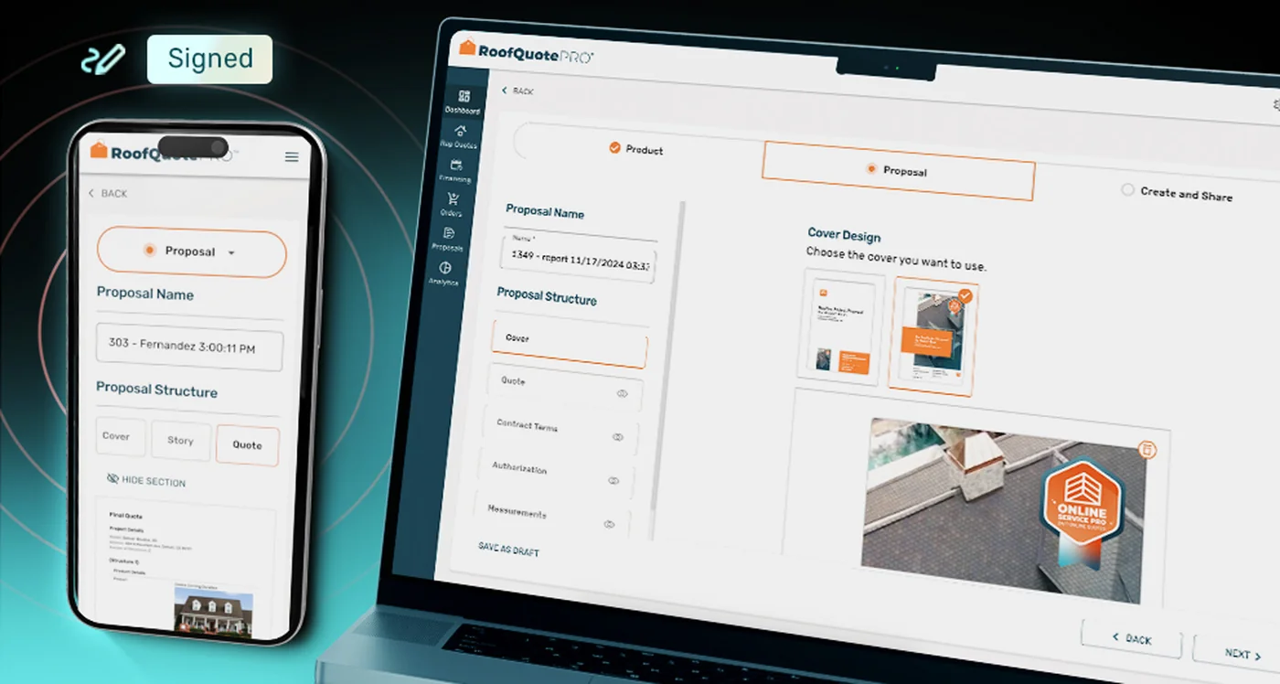 RoofQuote PRO digital proposals feature shown on desktop and mobile mockup — branded proposal interface with multi-structure quote presentation, e-signature acceptance flow, and integrated financing options visible on both screen sizes