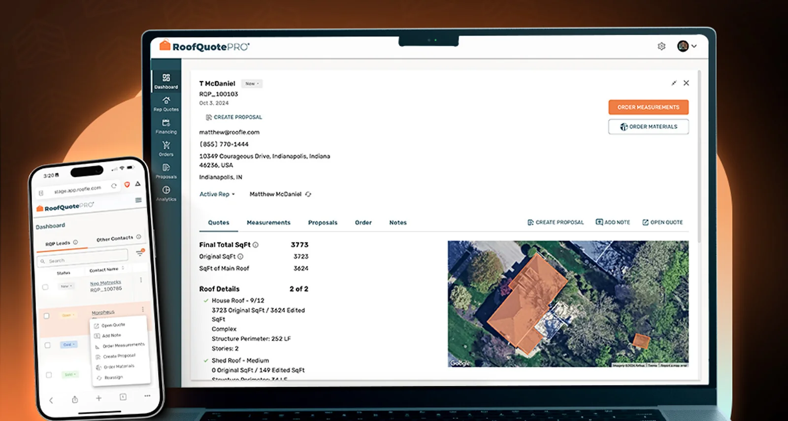 RoofQuote PRO contractor sales rep portal showing the T McDaniel lead detail page with RQP_100103 lead identifier dated October 3 2024, contact information for Indianapolis Indiana property, Active Rep Matthew McDaniel assignment, Quotes Measurements Proposals Order and Notes tabs, Final Total SqFt 3773, Original SqFt 3723, SqFt of Main Roof 3624, Roof Details House Roof 9 over 12 pitch with structure perimeter 252 LF and 2 stories, aerial roof imagery on the right, Order Measurements and Order Materials buttons, plus the mobile leads dashboard showing status badges New Open Cold Sold