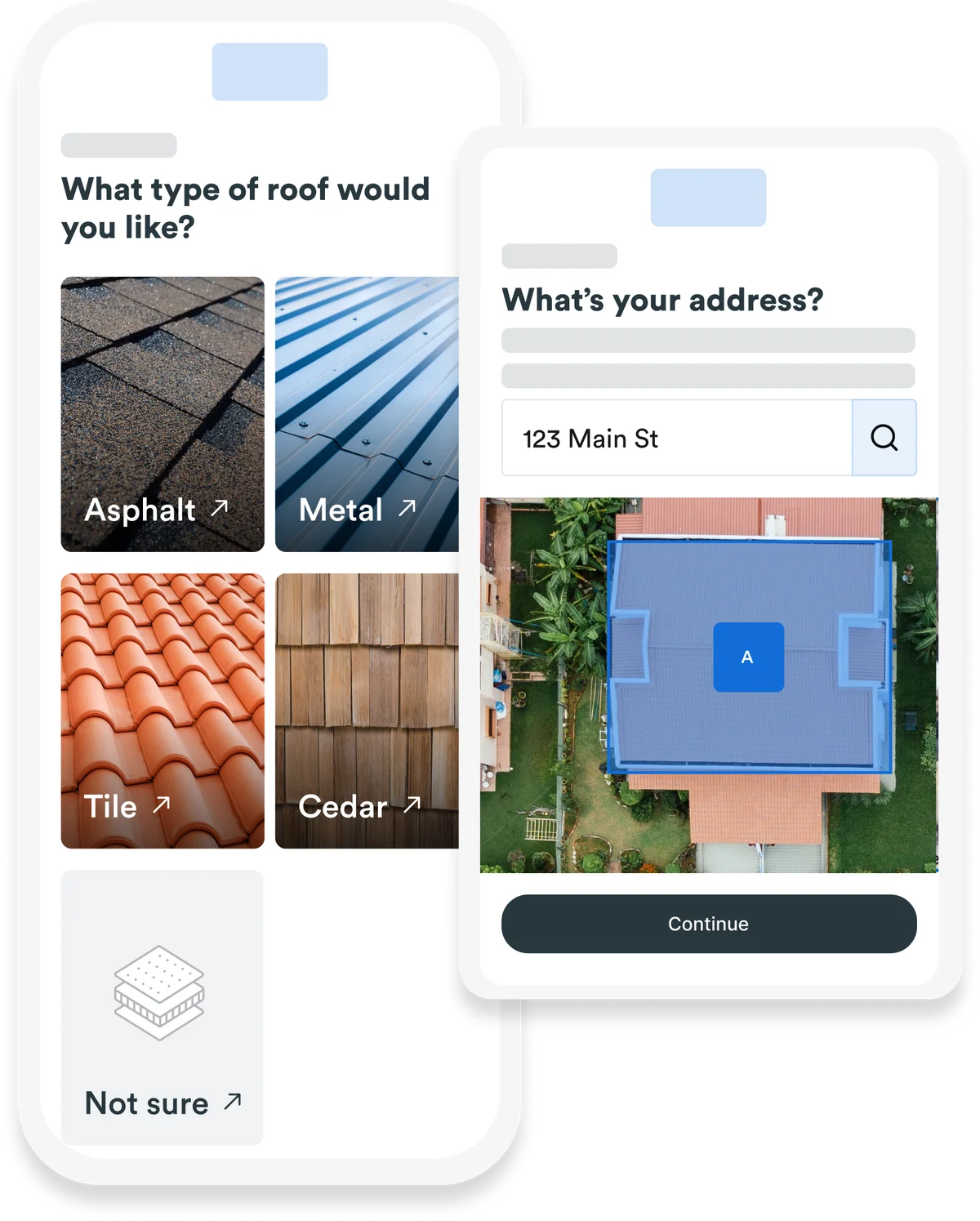 Roofr Instant Estimator showing a homeowner-facing quote with Good-Better-Best roofing tier options