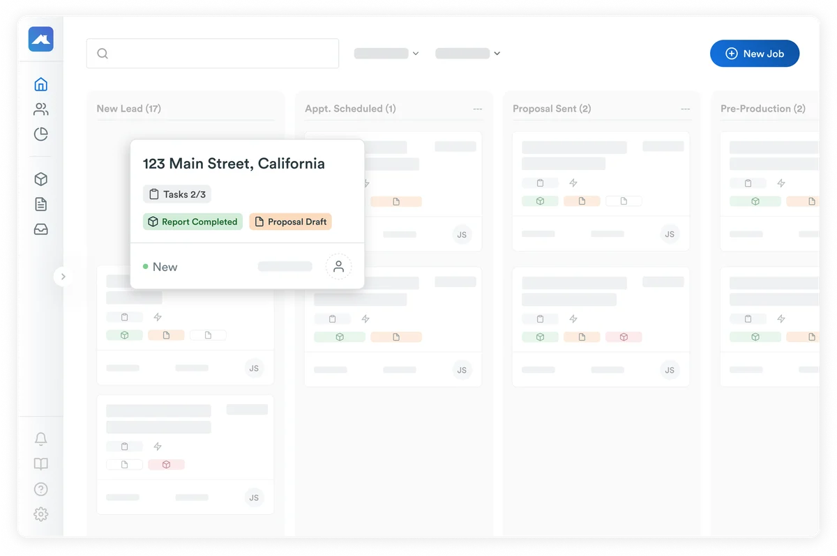 Roofr job board showing a kanban pipeline of roofing jobs grouped by status from lead to install to complete