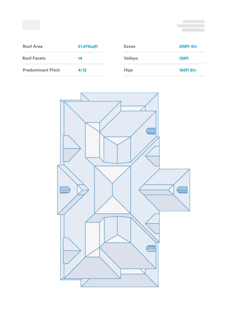Roofr measurement report interface showing roof outline, squares, pitch, and waste factor breakdown