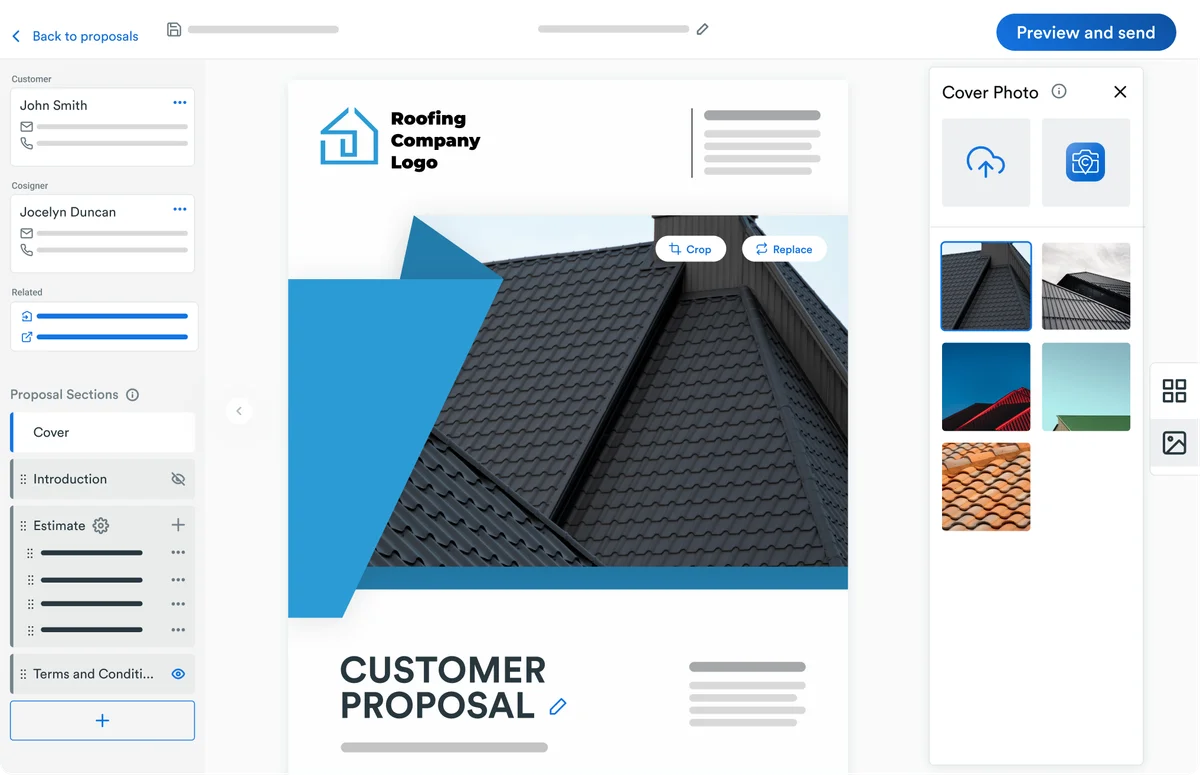 Roofr proposal editor on desktop showing line items, pricing, and good-better-best tier options for a roofing estimate