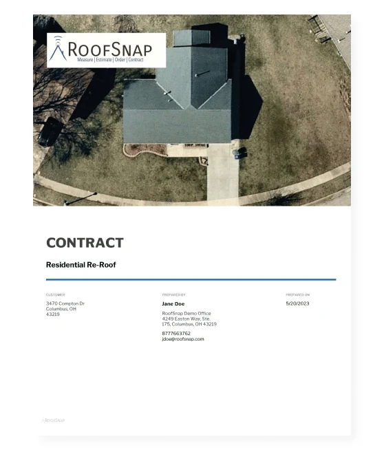 RoofSnap branded contract PDF showing Residential Re-Roof document with RoofSnap logo header, aerial imagery, and customer information