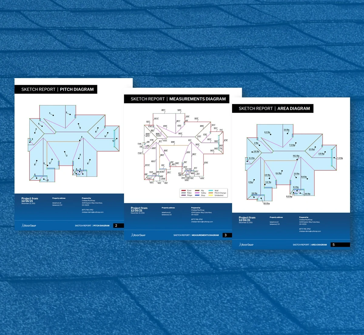 Three RoofSnap sketch report diagrams displayed side-by-side showing pitch diagram, measurements diagram, and area diagram on blue shingle background