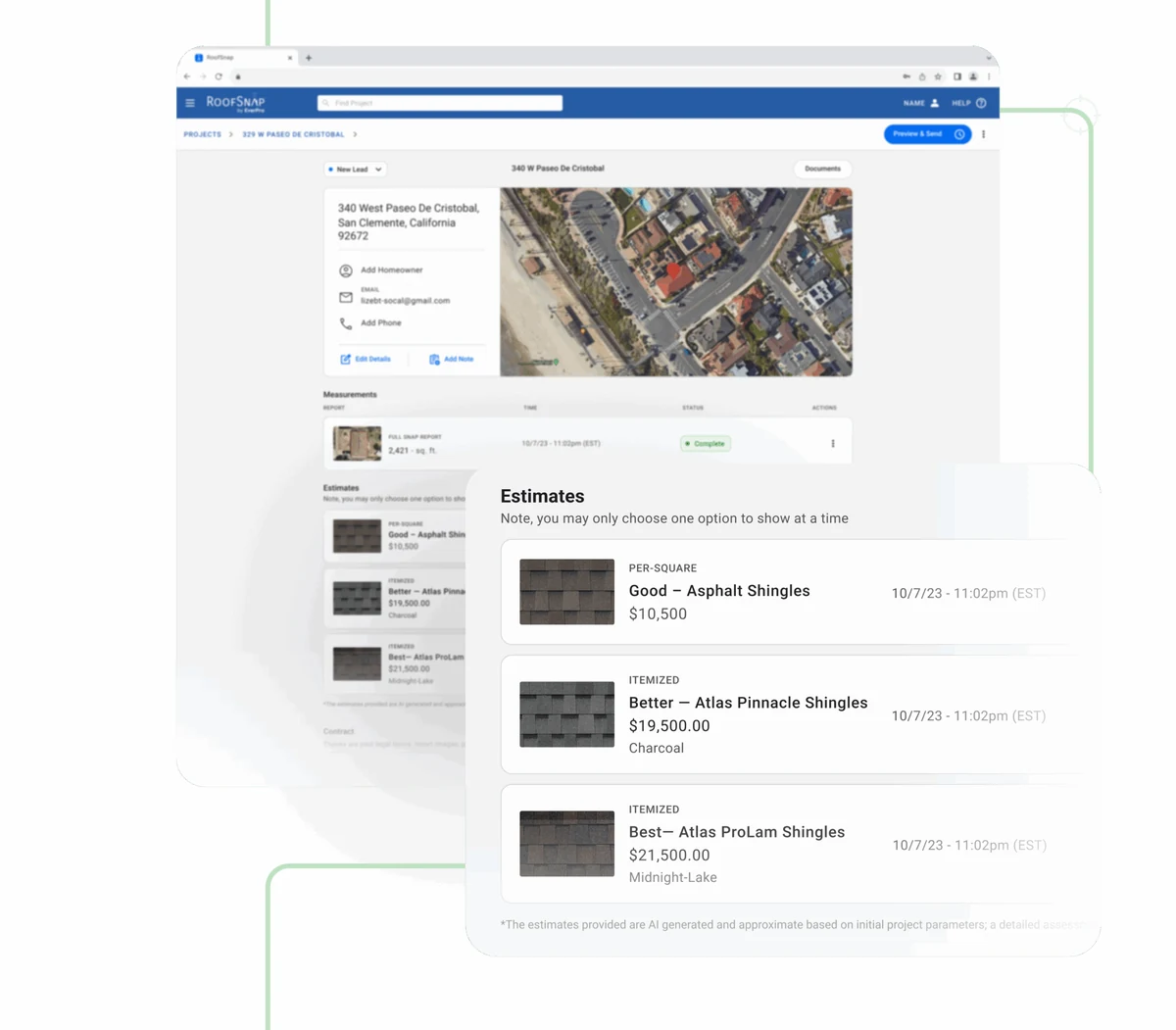 RoofSnap estimate builder interface showing project with aerial imagery and Good/Better/Best three-tier estimates for asphalt shingle materials from $10,500 to $21,500