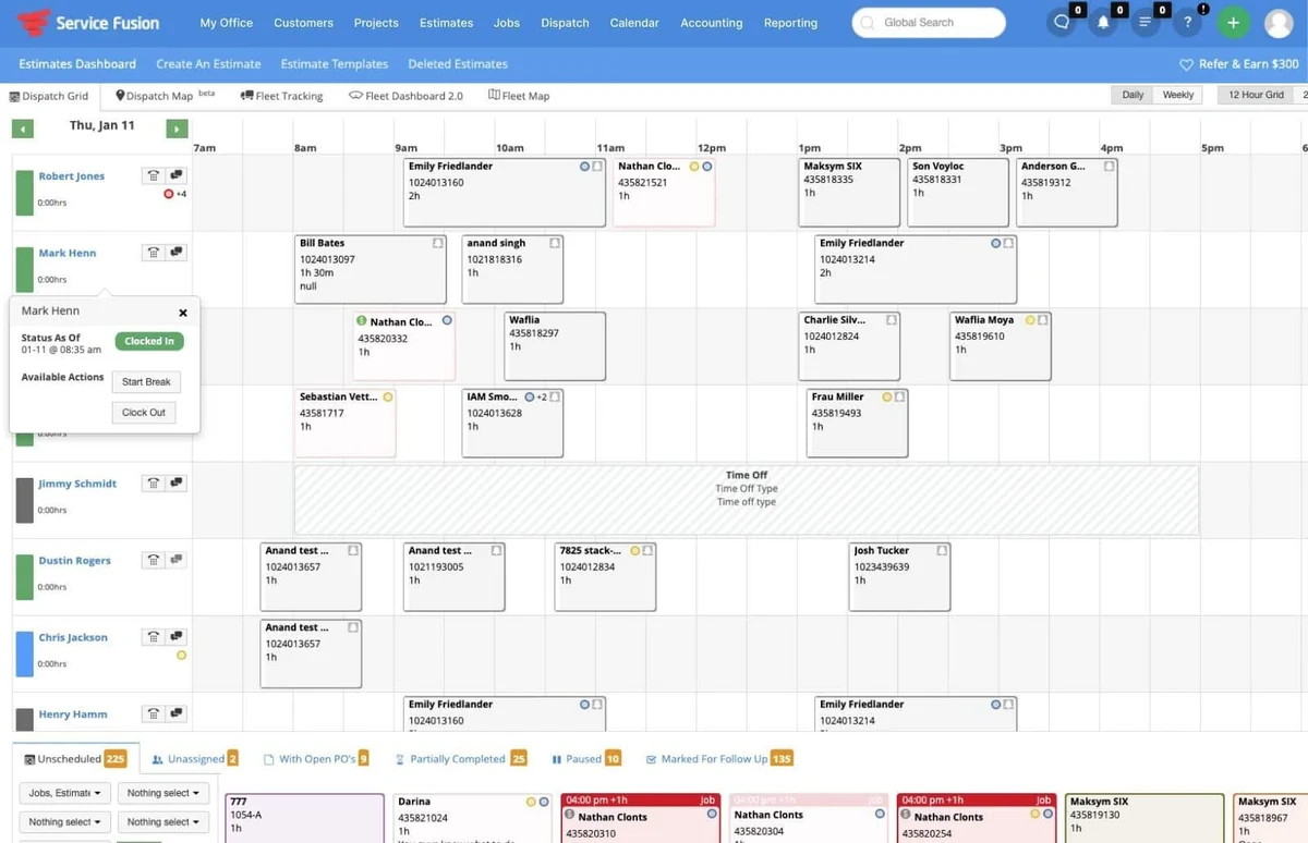 Service Fusion desktop scheduling and dispatching grid showing a multi-tech weekly view with color-coded jobs, drag-and-drop appointment management, customer information sidebar, and route optimization controls visible
