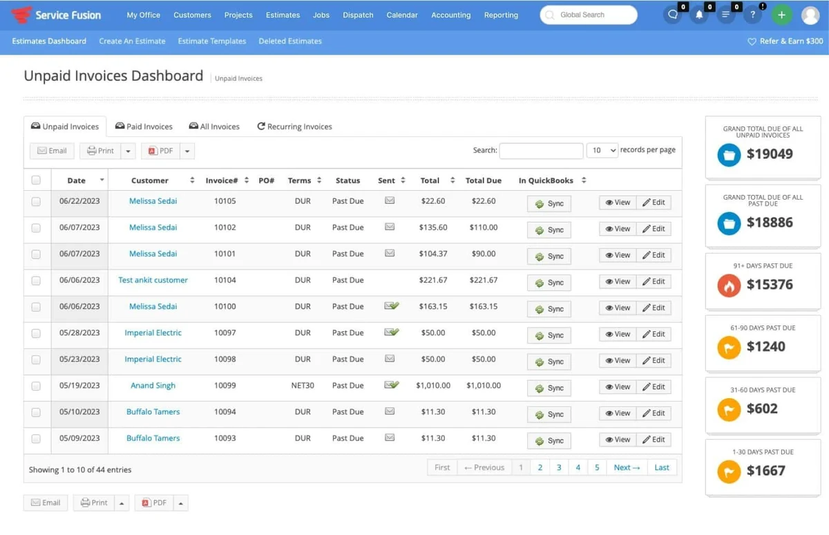Service Fusion invoicing interface showing the invoice creation flow with line items, tax handling, deposit tracking, payment method selection, and the QuickBooks Online sync indicator confirming bi-directional data flow