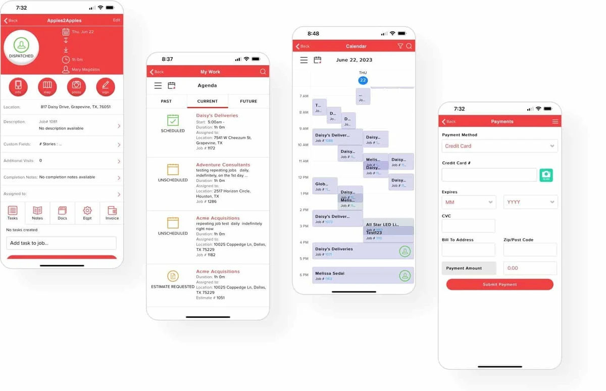 Service Fusion mobile technician app showing the daily job queue with assigned appointments, customer addresses, navigation integration, status update buttons, and document attachment options for in-field invoicing and signature capture
