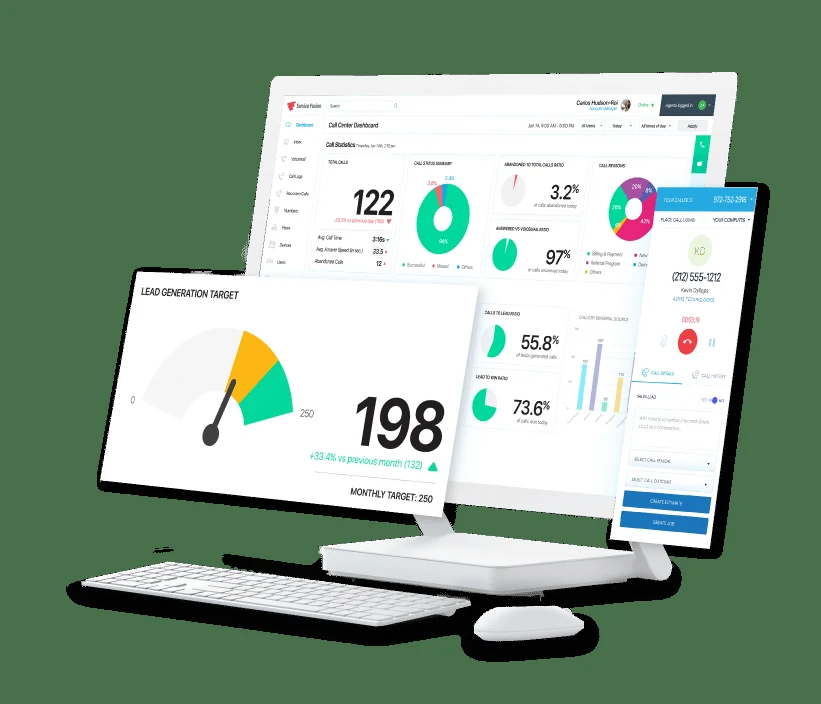 ServiceCall.ai desktop interface showing inbound call activity, marketing source attribution, call recording playback controls, and customer-to-job linking — Service Fusion's built-in VoIP and call-tracking layer