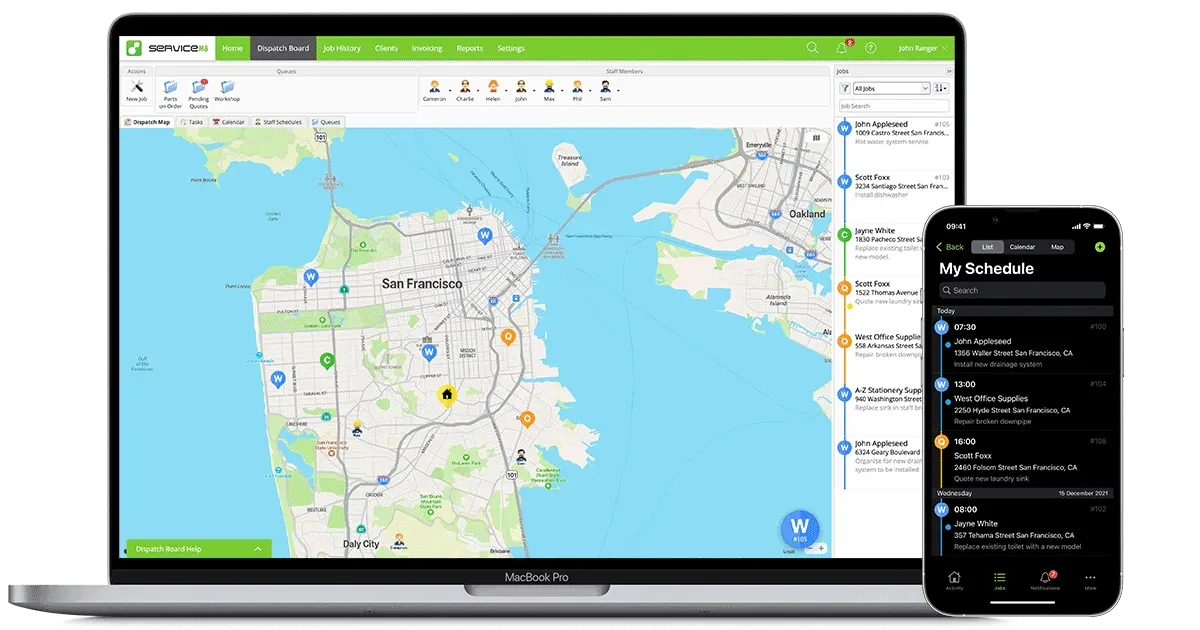 ServiceM8 running on iPhone 13 Pro and MacBook side by side, showing the iOS-native job management interface with map view on mobile and dashboard view on desktop