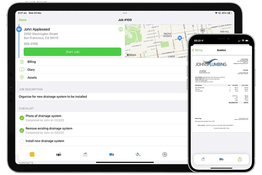 ServiceM8 job card on iPad Pro showing customer details, job description, parts list, time tracking, and signature capture alongside the iPhone view of the same job in the field for the technician