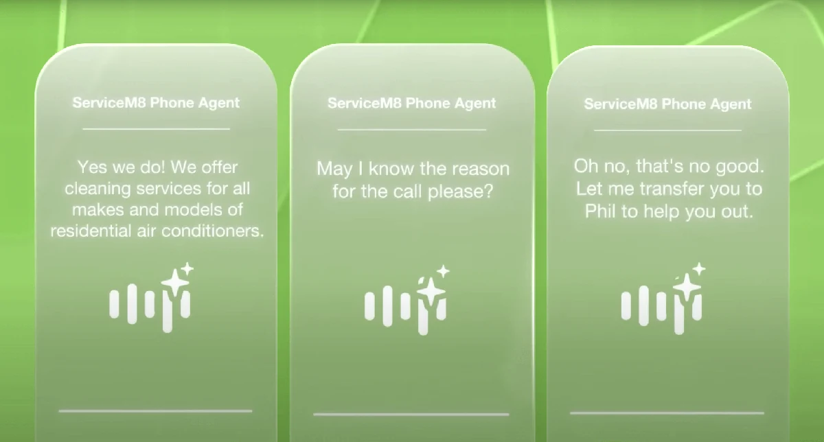 ServiceM8 Phone Agent AI voice receptionist interface showing inbound call handling, automatic message capture to ServiceM8 Inbox, SMS booking link delivery, and call transcription and recording features