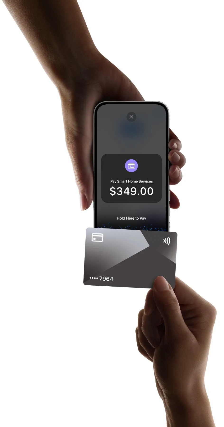 ServiceM8 Tap to Pay on iPhone interface showing a customer holding a contactless credit card to the back of the iPhone with the payment processing animation displayed on the iPhone screen — no card reader hardware or Bluetooth pairing required