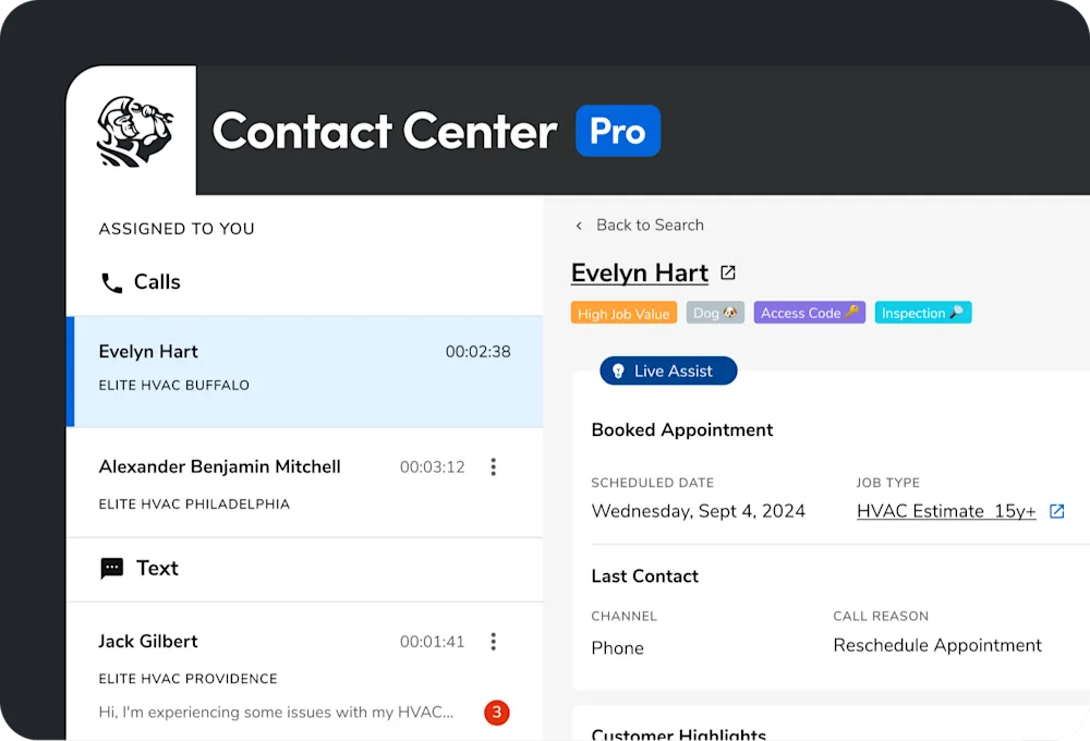 ServiceTitan Contact Center Pro dashboard showing call tracking and CSR performance metrics
