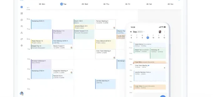 Setmore desktop calendar interface rendering on a tablet device with a phone overlay, showing a week view with color-coded appointments labeled Workshop, Project Status, Recruitment, Account Discussion, Crew Team Meeting, and Learning across days 28 Mon through 28 Sun, with the iPhone overlay showing September 2023 month view and a list of appointments below