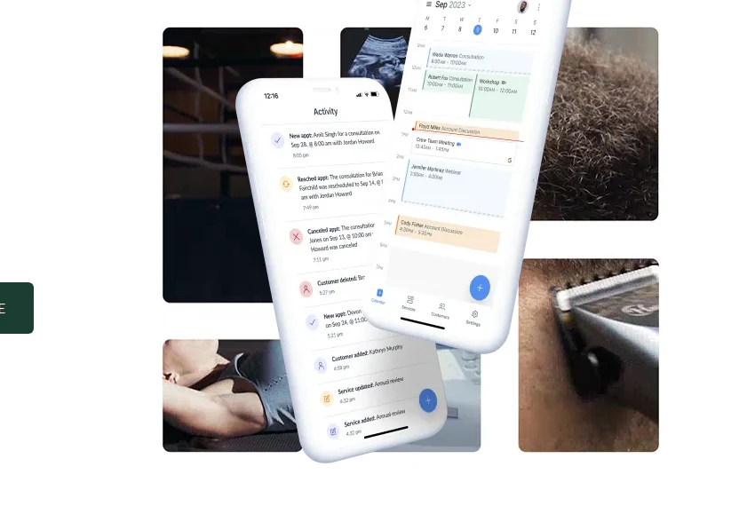Setmore mobile app shown on three iPhones — left phone displays the Activity feed with appointment notifications and customer interactions, right phone displays the calendar view showing color-coded daily appointments with time slots, both rendering on what looks like a workshop or job site background