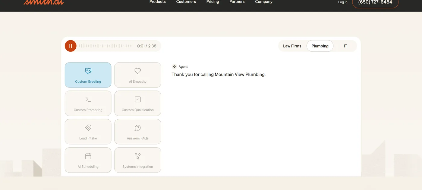 Smith.ai real call demo for plumbing — Mountain View Plumbing inbound call showing the 8 AI capabilities: Custom Greeting, AI Empathy, Custom Prompting, Custom Qualification, Lead Intake, Answer FAQs, AI Scheduling, and Systems Integration