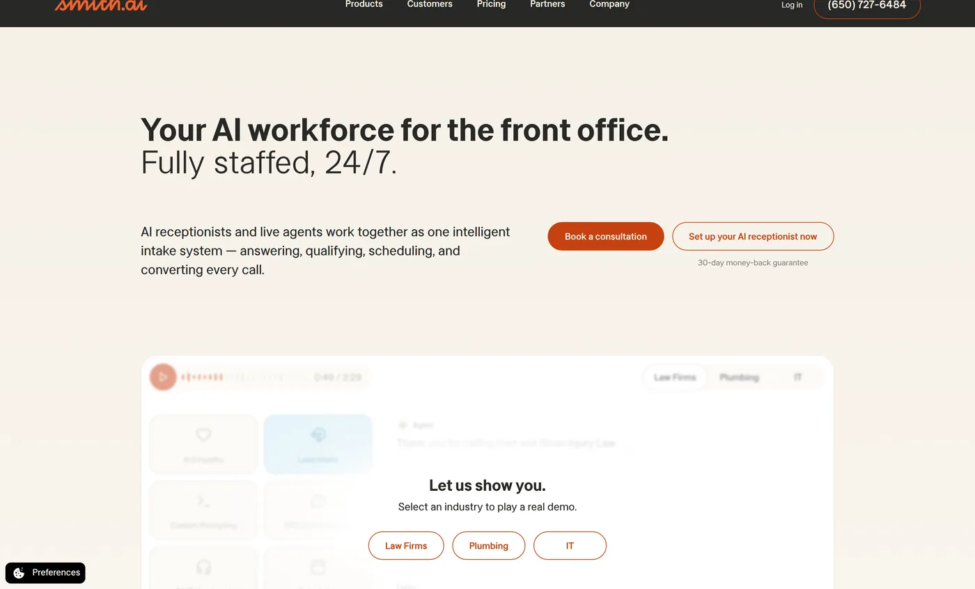 Smith.ai homepage hero — 'Your AI workforce for the front office. Fully staffed, 24/7.' with industry demo widget showing Law Firms, Plumbing, and IT tabs