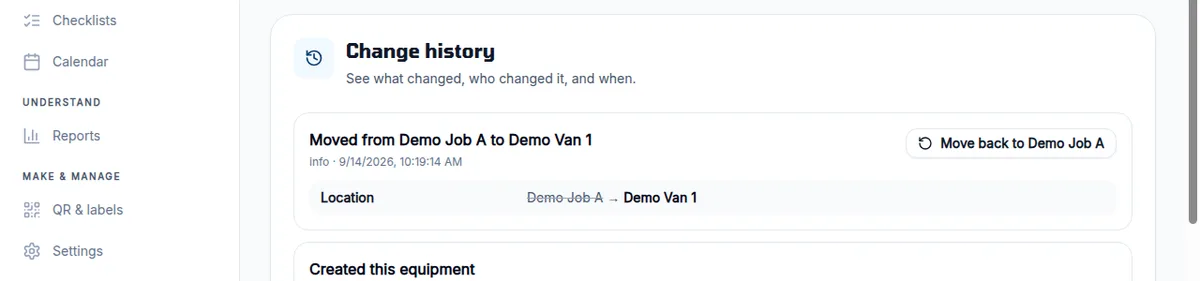 Tagnetix change history showing a move from Demo Job A to Demo Van 1 by user info on September 14, 2026 with a one-click Move back button, above the original record creation by the Tagnetix setup operator