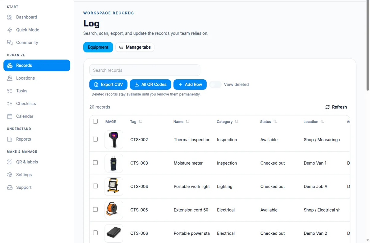 Tagnetix Log view listing 20 fictional contractor equipment records with tag, name, category, status, location, and assigned-to columns, including checked out, available, maintenance hold, and assigned statuses
