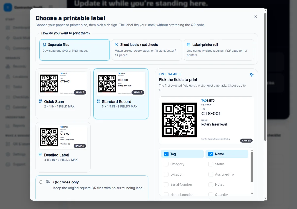 Tagnetix printable label dialog with three print methods (separate files, Avery sheet labels, label-printer roll), three label sizes (Quick Scan 2 by 1 inch, Standard Record 3 by 1.5 inch, Detailed Label 4 by 2 inch), a QR-only option, a live sample for CTS-001, and checkboxes to choose which fields print