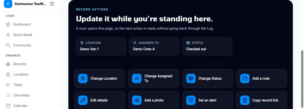 Tagnetix equipment record for a rotary laser level showing location, assigned to, and status at the top with one-tap buttons to change location, change assigned to, change status, add a note, edit details, add a photo, set an alert, copy the record link, and print a label