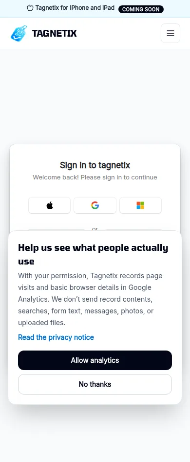 Tagnetix sign-in page on a phone after opening a record label link without being logged in, showing email and password fields and an analytics consent prompt