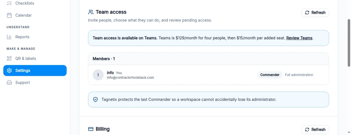 Tagnetix settings page showing Team access is available on Teams at $129 per month for four people then $15 per added seat, a single member listed as Commander, and the Billing section showing the Free plan with Personal $24.99, Pro $39, and Teams $129 plus options