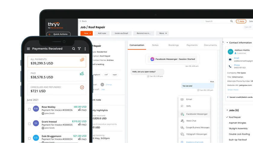 Thryv feature overview showing CRM, scheduling, invoicing, and marketing tools