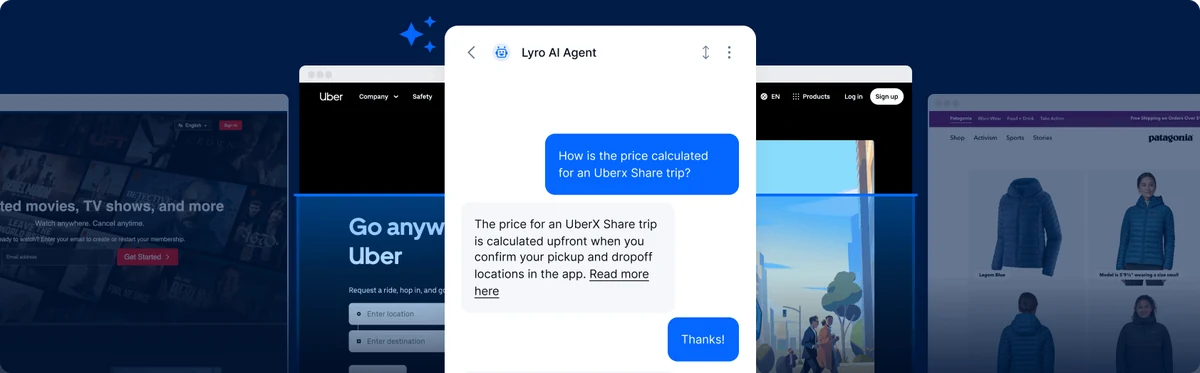 Tidio Lyro AI Agent chat widget shown deployed on Netflix, Uber, and Patagonia websites — autonomous response handling a customer question about UberX Share trip pricing with the Lyro AI Agent answering inline