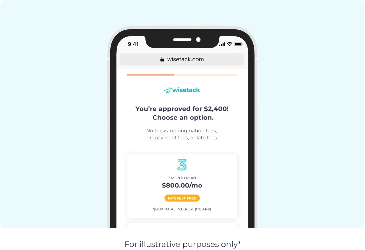 Wisetack customer financing flow on a mobile phone showing monthly payment options for a home service quote