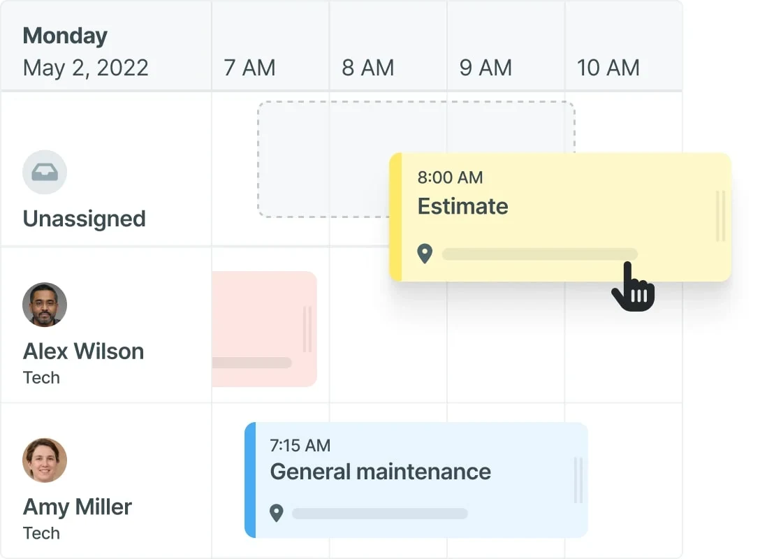 Workiz drag-and-drop dispatch calendar showing a multi-tech weekly view with color-coded jobs assigned to four field technicians, drag handles for rescheduling, and the smart-filter sidebar visible on the right showing technician availability and trade specializations