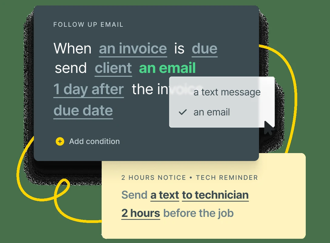 Workiz smart invoice rules configuration screen showing automated billing logic — invoice number formatting, automated payment terms, late fee triggers, and the invoice template preview with company branding and line-item breakdown