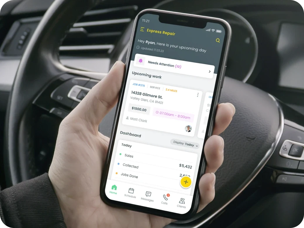Workiz mobile app for field technicians showing the daily job list view with assigned appointments, customer details, status update buttons, and bottom navigation tabs for jobs, schedule, customers, and clock-in