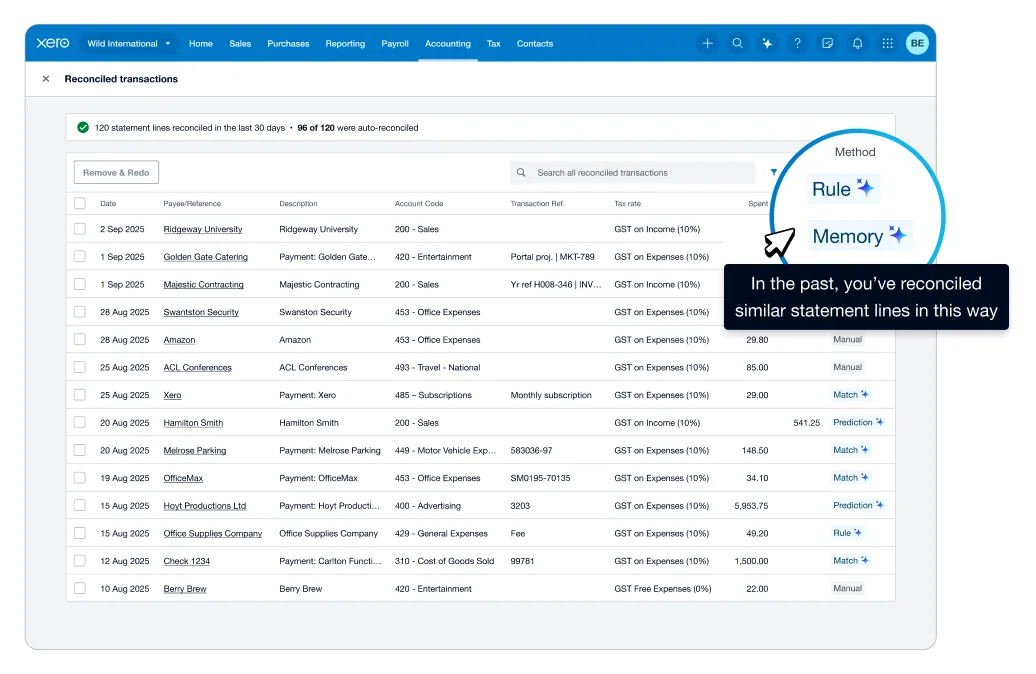 Xero reconciled transactions screen listing bank statement lines with payee, account code, and the matching method for each, with a tooltip noting that similar lines were reconciled the same way before