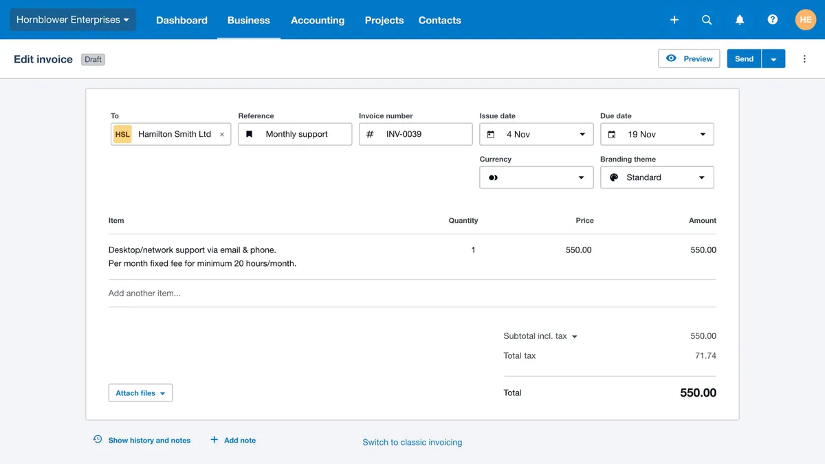 Xero invoice editor showing the customer, reference, invoice number, issue and due dates, branding theme, a line item with quantity and price, and the subtotal, tax, and total