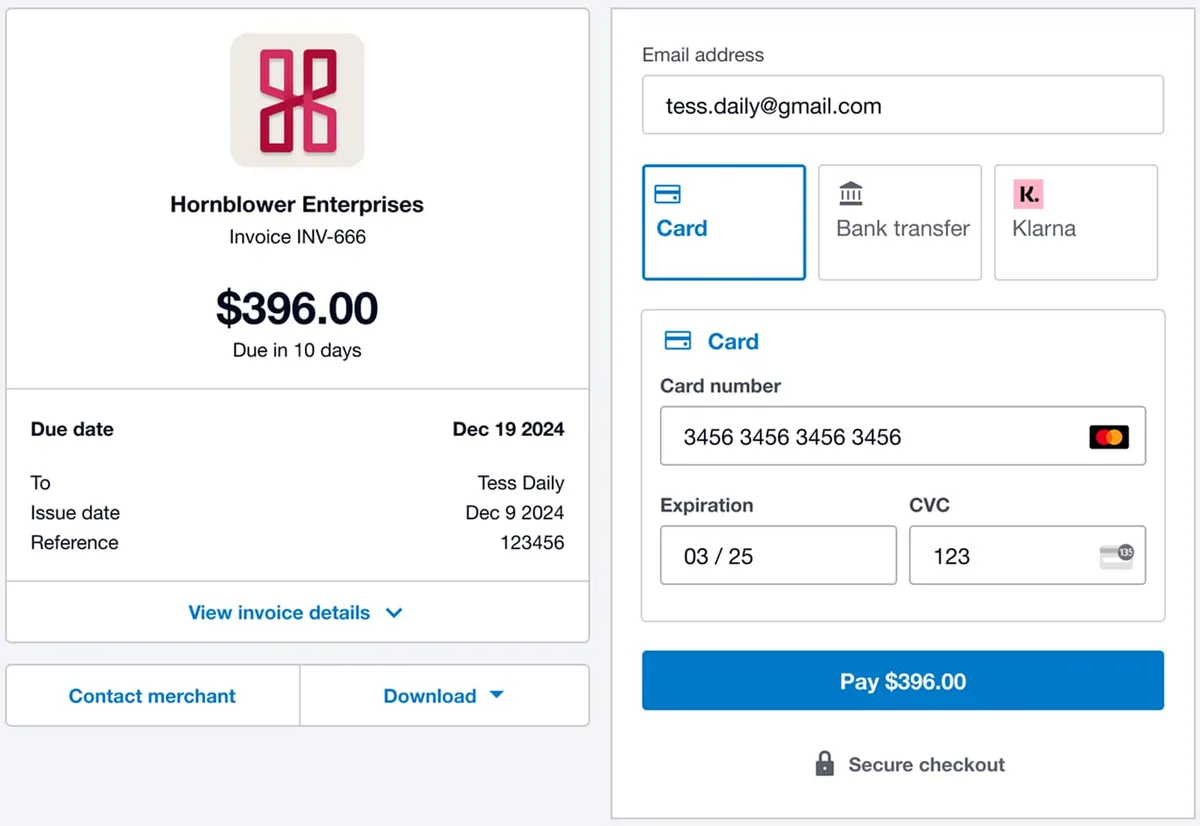 Xero online invoice payment page showing a $396.00 invoice from Hornblower Enterprises with card, bank transfer, and Klarna payment options and a card entry form