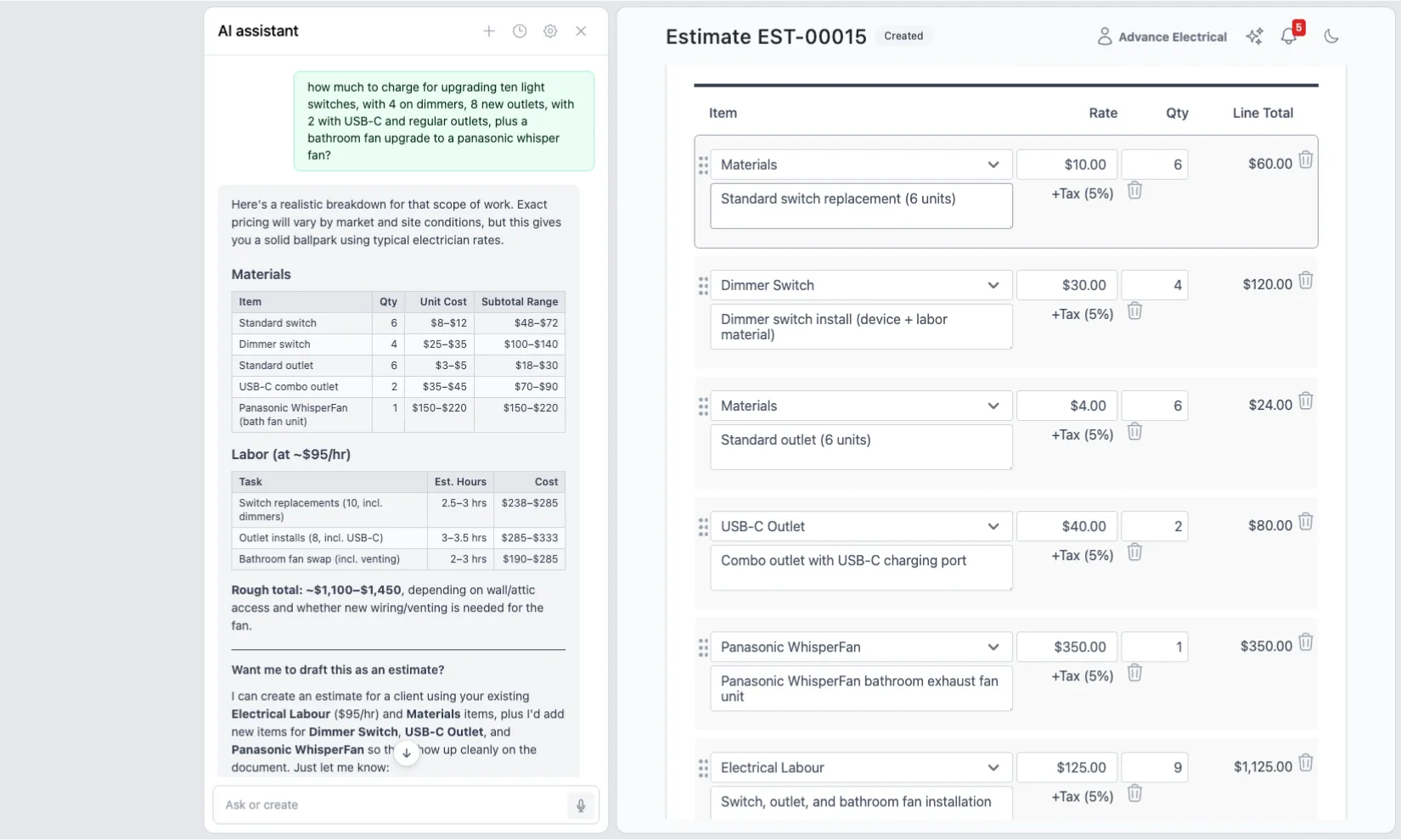 Invoicer.ai AI assistant building a priced electrical estimate from a plain-language prompt