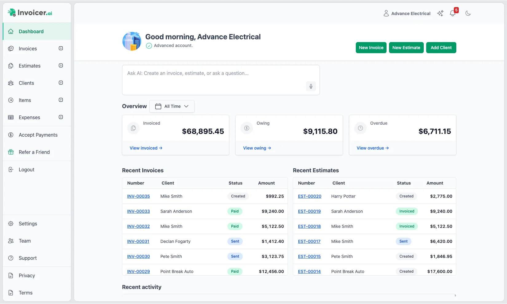 Invoicer.ai dashboard showing invoiced, owing, and overdue totals with recent invoices and estimates