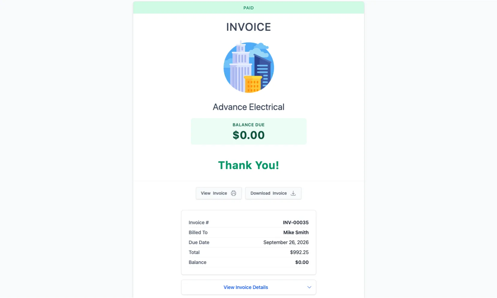Invoicer.ai paid invoice view page shown to a customer, with balance due and download options