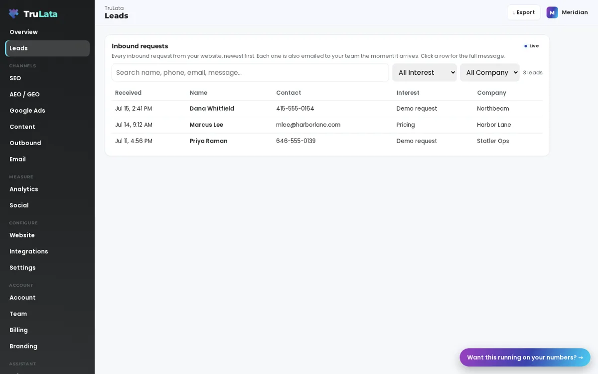TruLata demo lead ledger listing website leads with received time, contact, interest and company, on illustrative demo data